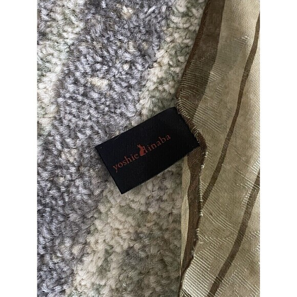 Yoshie Inaba Silk Scarf Ivory Green Design Rectangle Floral Leaves Organic - Picture 2 of 5